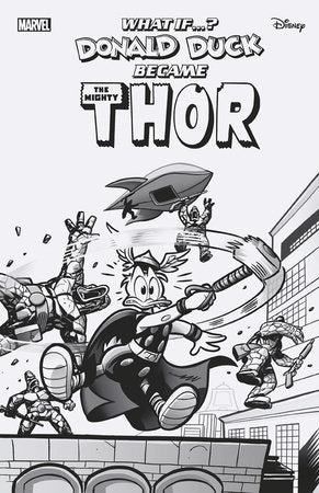 MARVEL & DISNEY: WHAT IF...? DONALD DUCK BECAME THOR #1 1:100 LORENZO PASTROVICCHIO BLACK AND WHITE VARIANT