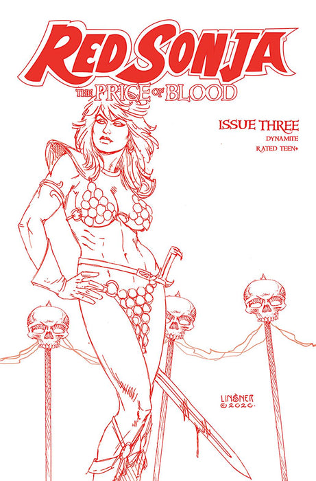 RED SONJA PRICE OF BLOOD #3 LINSNER CRIMSON RED LINE ART CVR